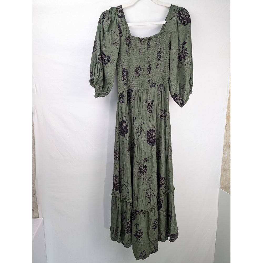 Floral Fairy Grunge Maxi Peasant Dress Sz M Green Cottagecore Witchy Whimsigoth - Picture 7 of 9